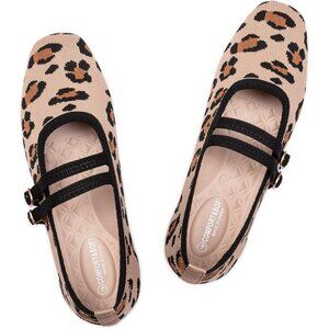 Frank Mully Women's Leopard Fabric Square Toe Mary Jane Ballet Flats with Strap